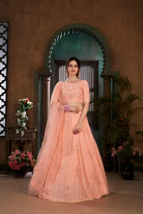 Peach Thread Embroidered Net Wedding Wear Lehenga Choli