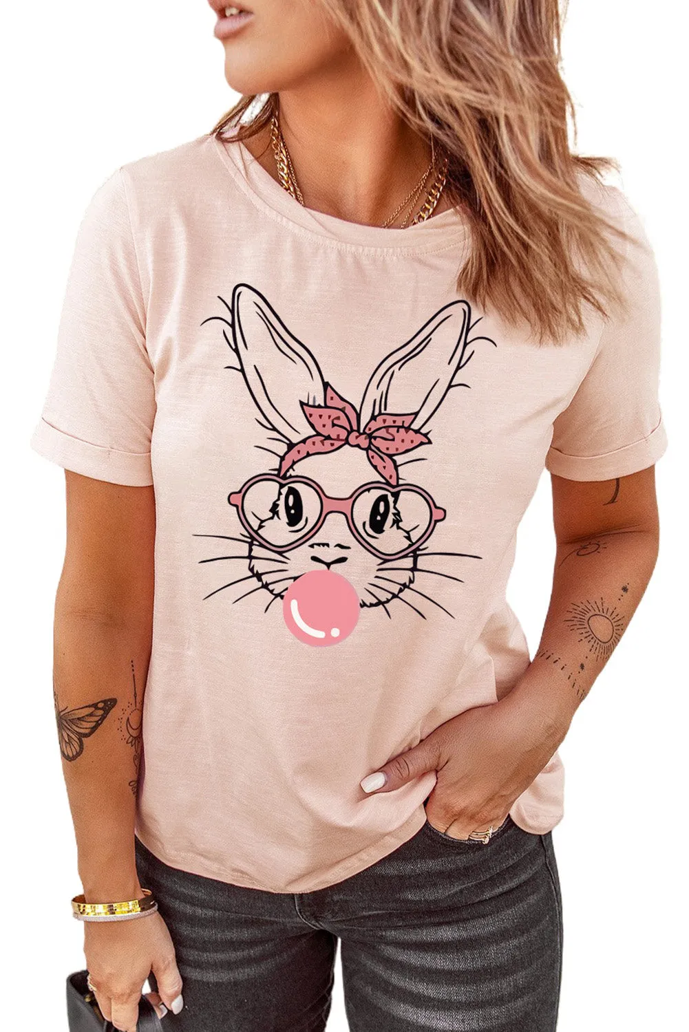 Pink Easter Bunny Graphic Crew Neck Tee by Gothic Outlaws: Hop into Style, Sweetheart! 🐰💖