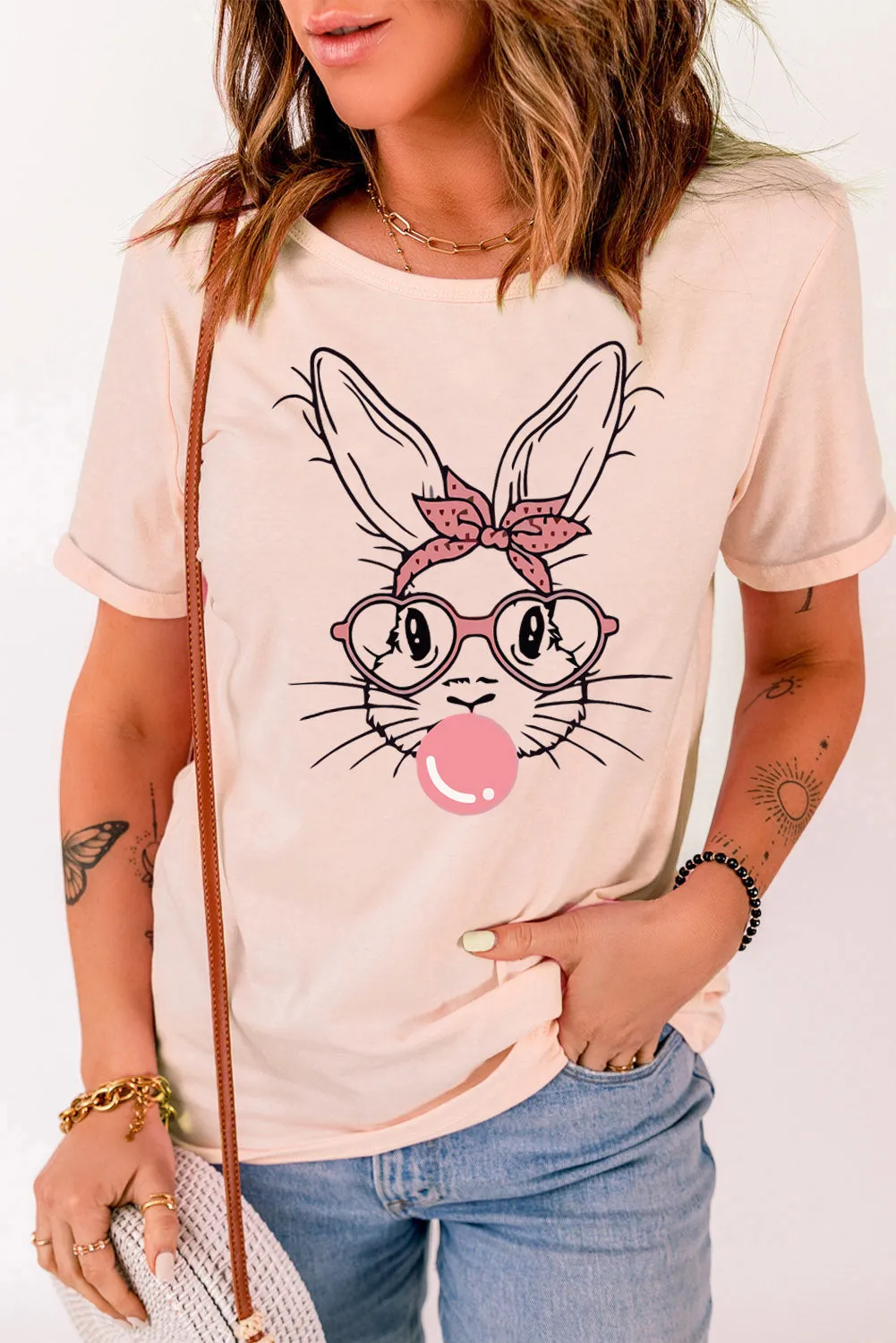 Pink Easter Bunny Graphic Crew Neck Tee by Gothic Outlaws: Hop into Style, Sweetheart! 🐰💖