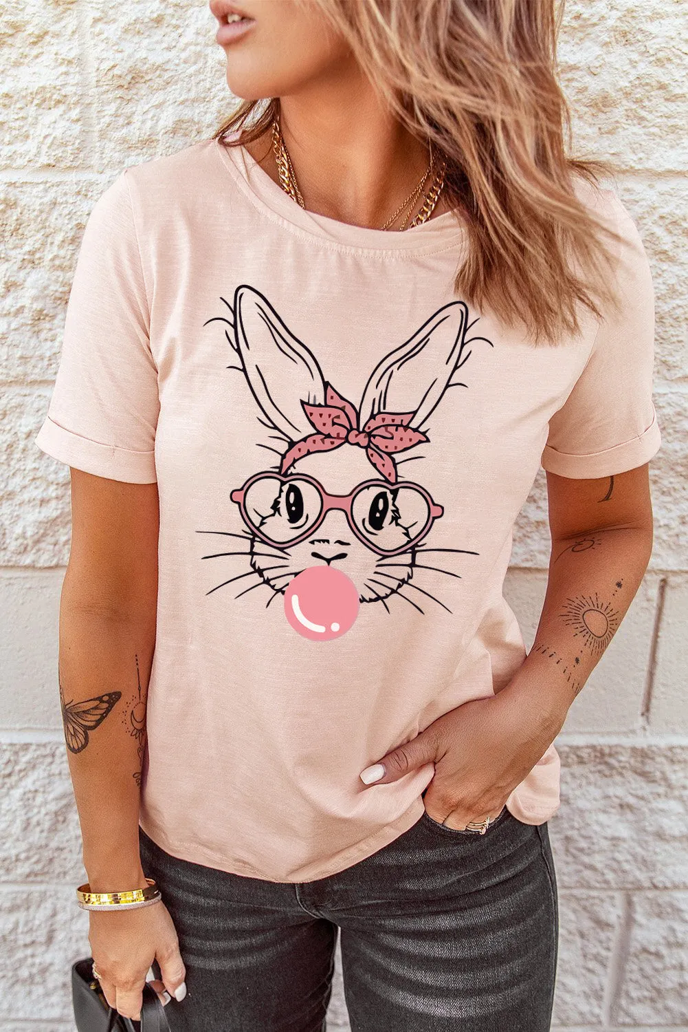 Pink Easter Bunny Graphic Crew Neck Tee by Gothic Outlaws: Hop into Style, Sweetheart! 🐰💖