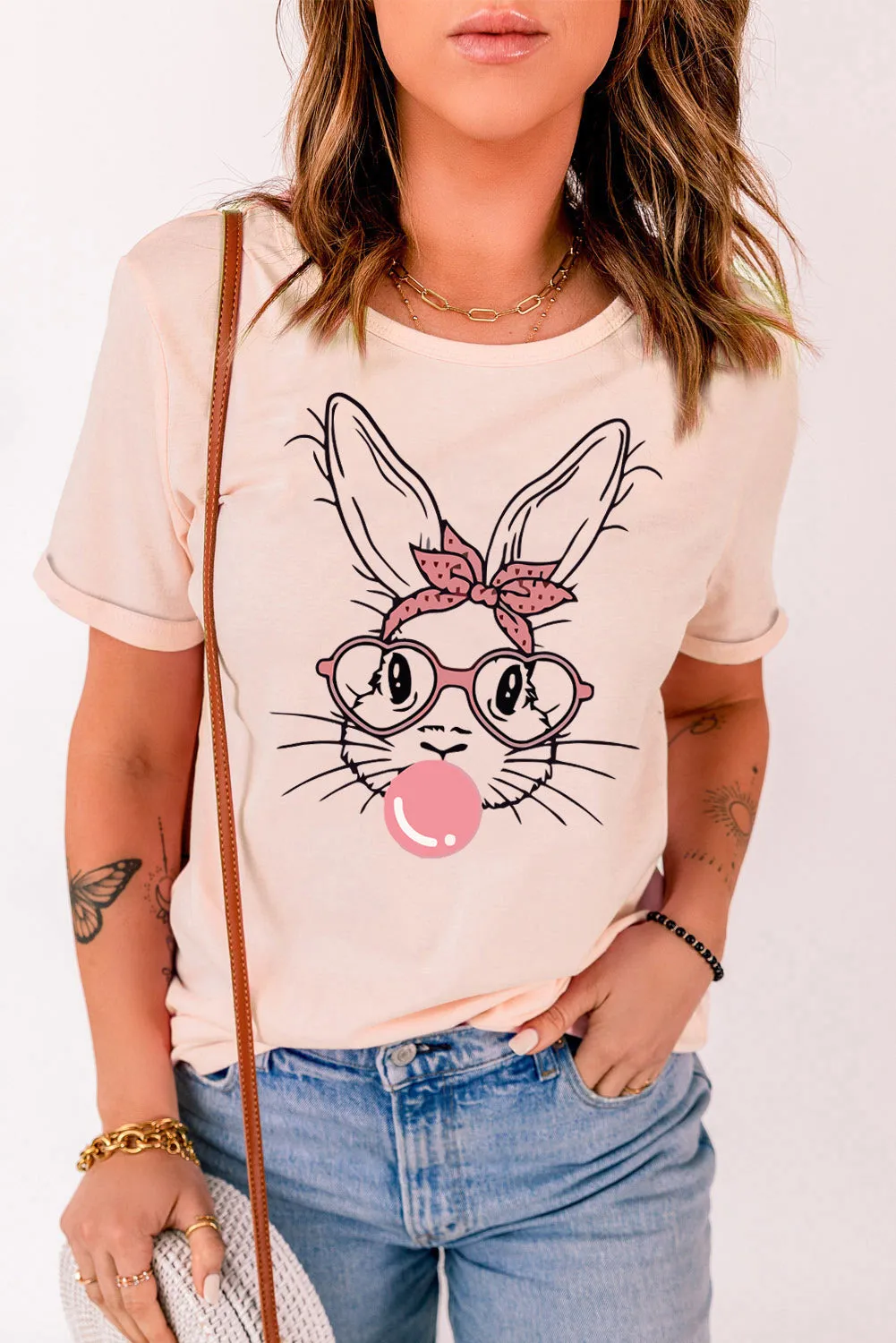 Pink Easter Bunny Graphic Crew Neck Tee by Gothic Outlaws: Hop into Style, Sweetheart! 🐰💖