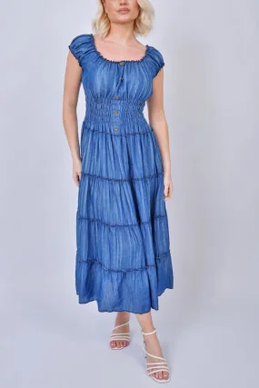 Plain Shirred Waist Tiered Denim Cotton Dress