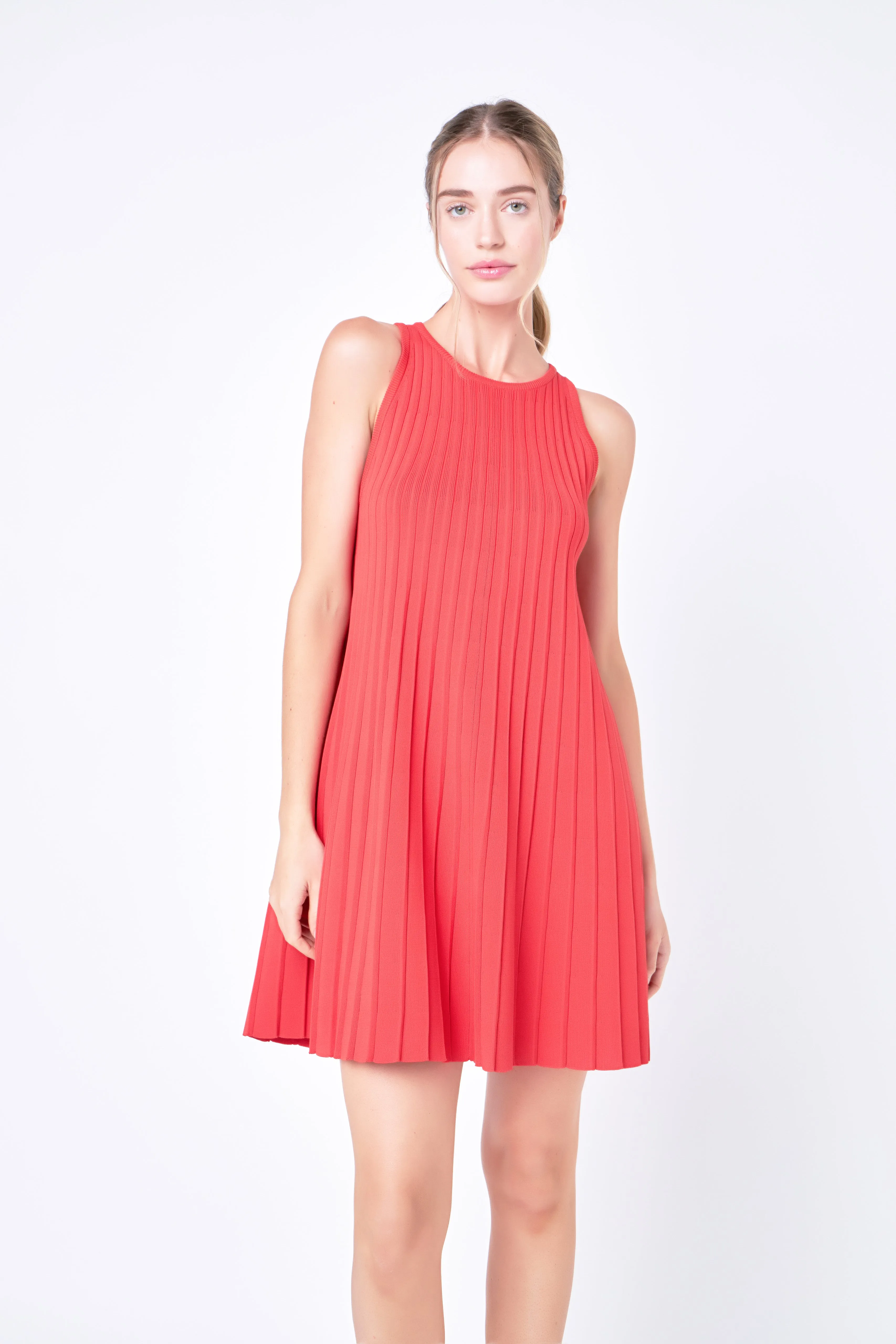 Pleated A-line Knit Mini Dress in Red