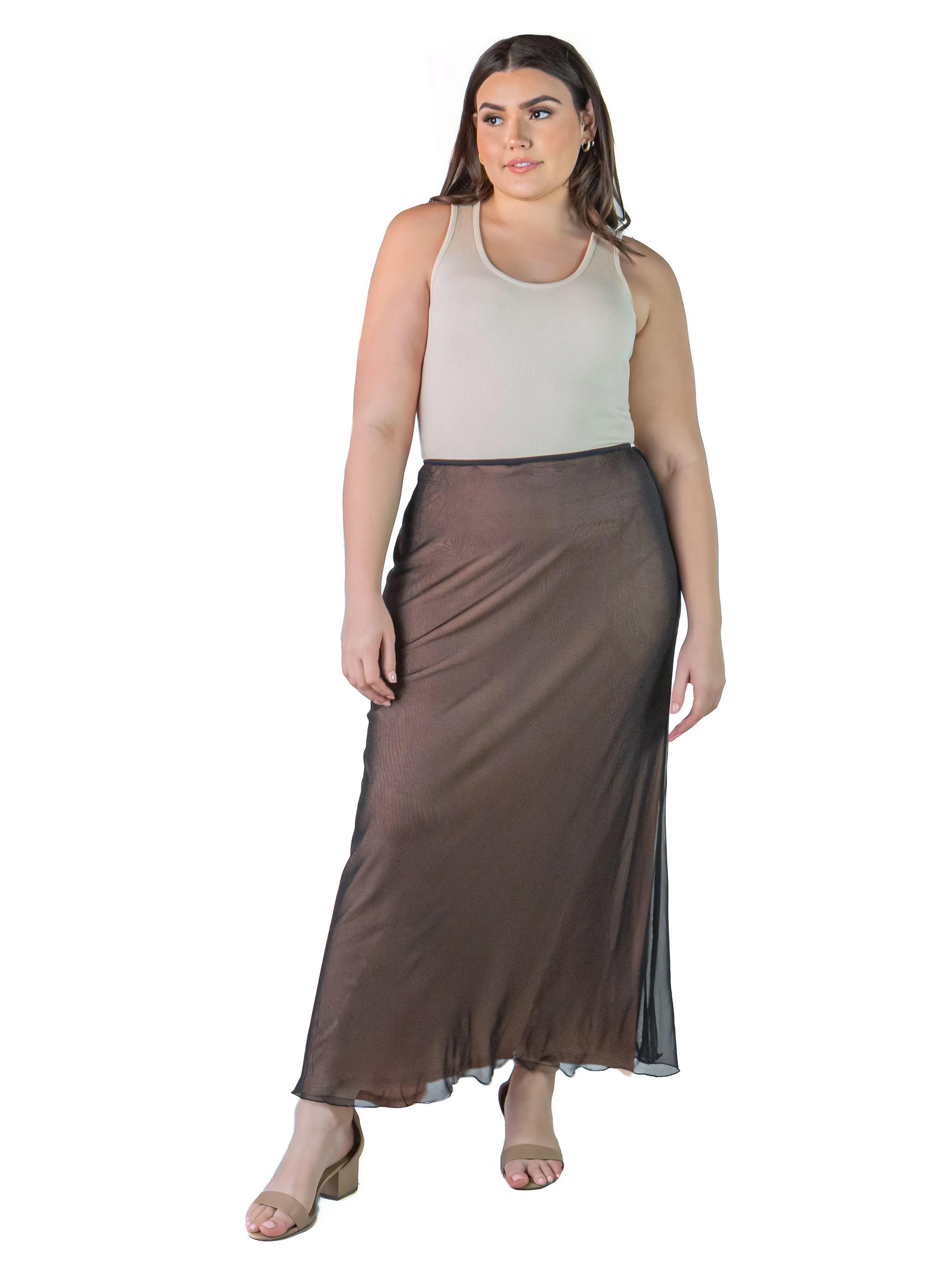 Plus Size Solid Color Sheer Overlay Elastic Waist Dressy Maxi Skirt