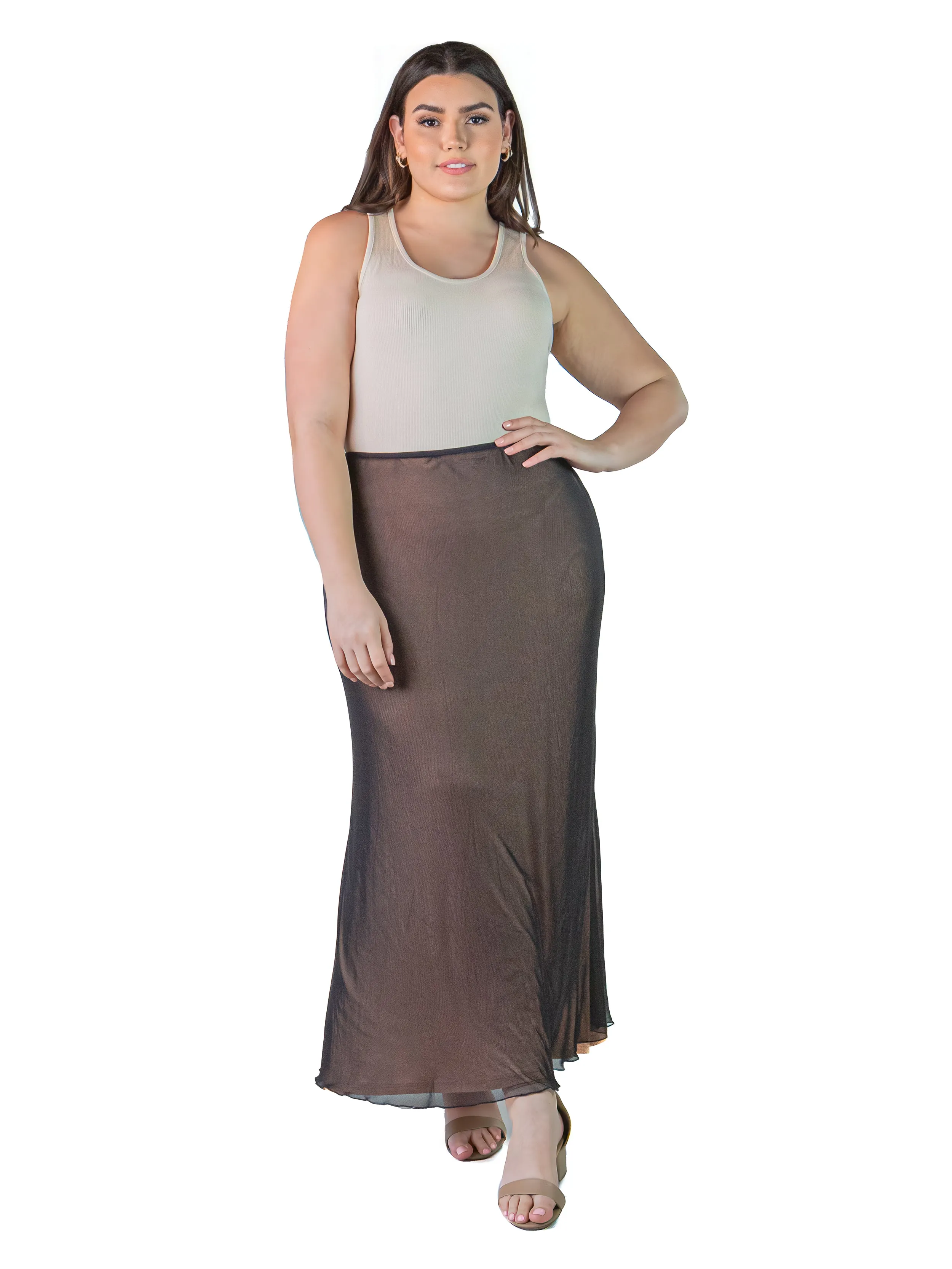 Plus Size Solid Color Sheer Overlay Elastic Waist Dressy Maxi Skirt