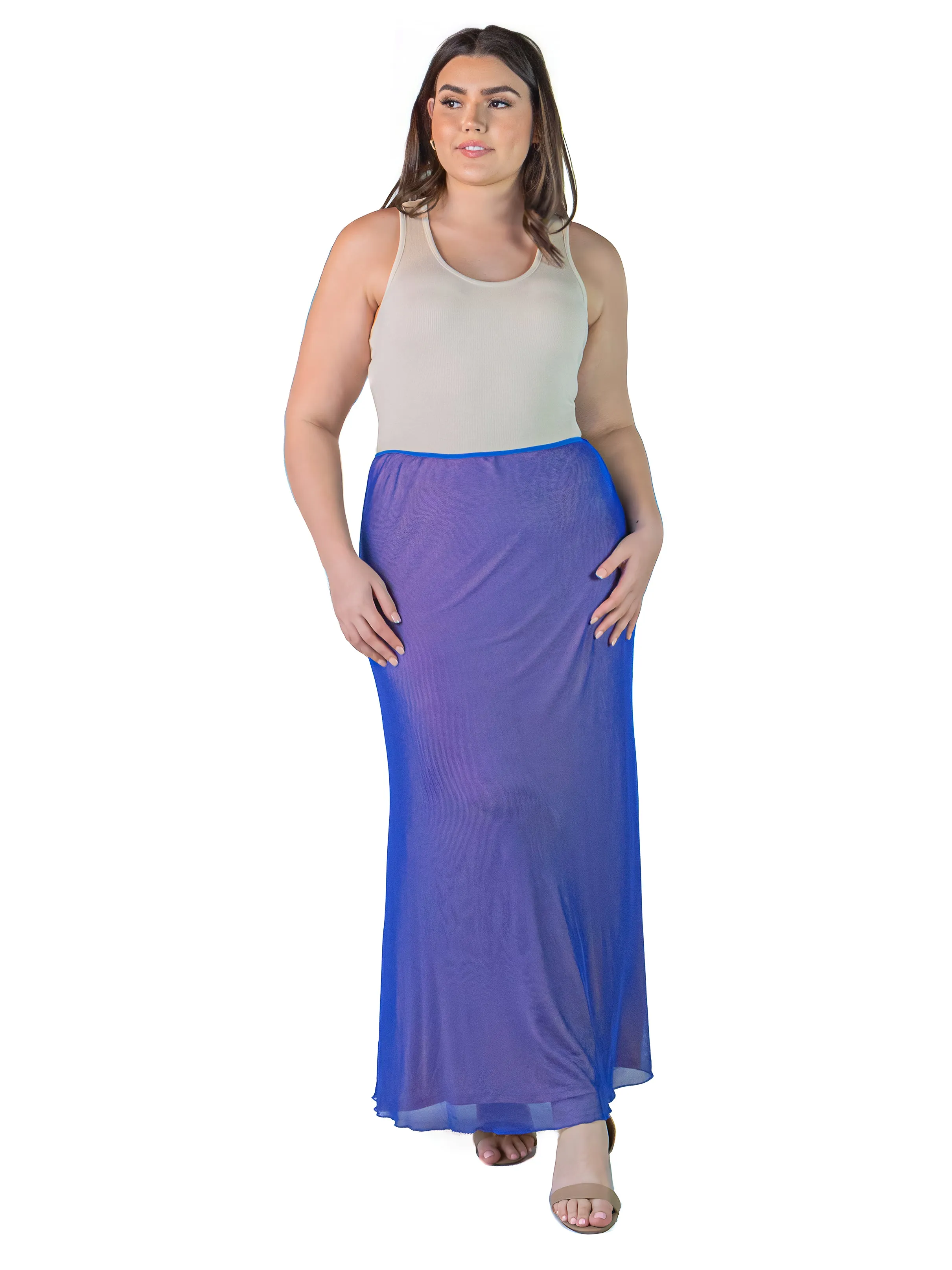 Plus Size Solid Color Sheer Overlay Elastic Waist Dressy Maxi Skirt