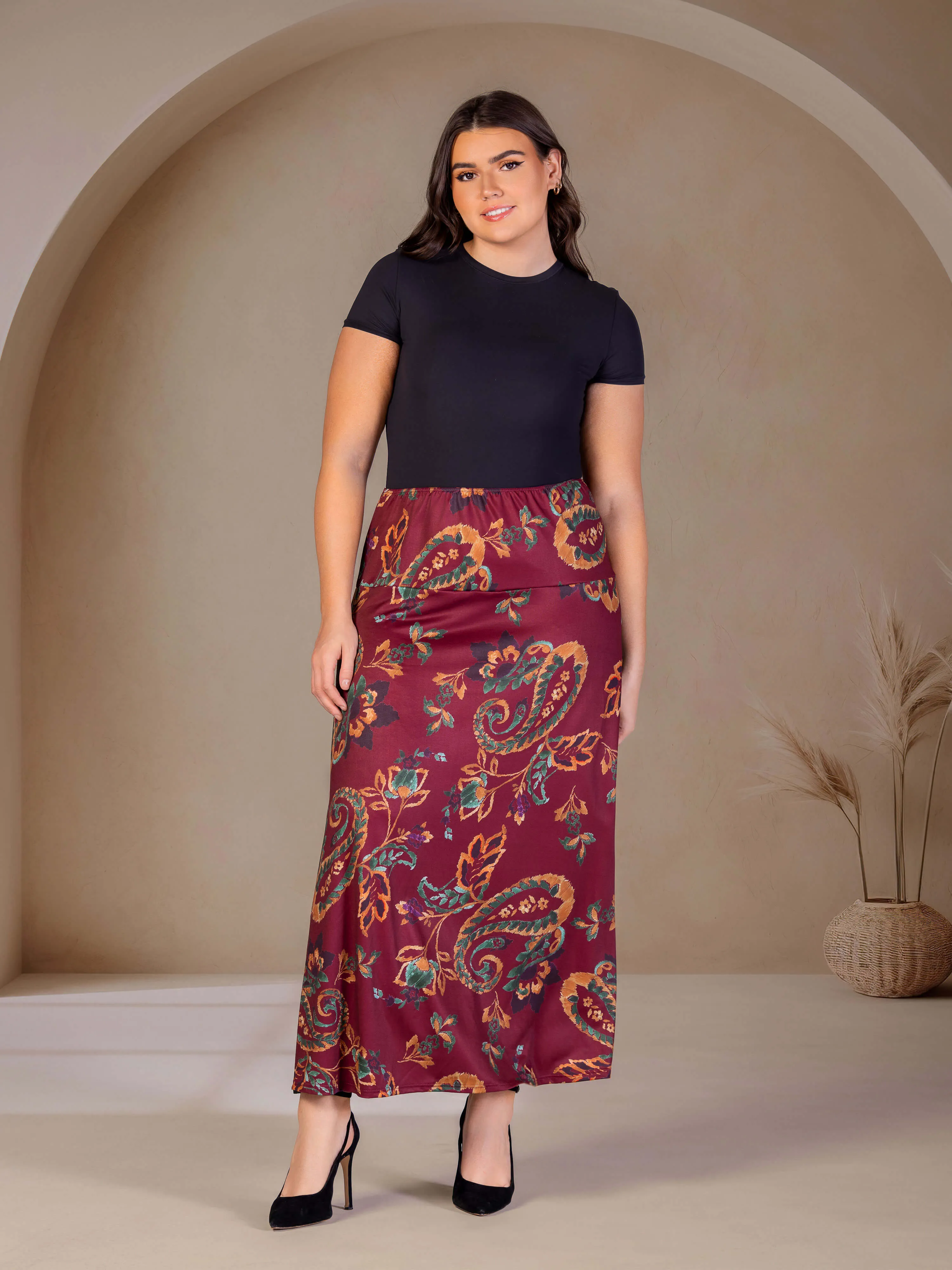 Plus Size Wine Print Elastic Waist A Line Maxi Skirt