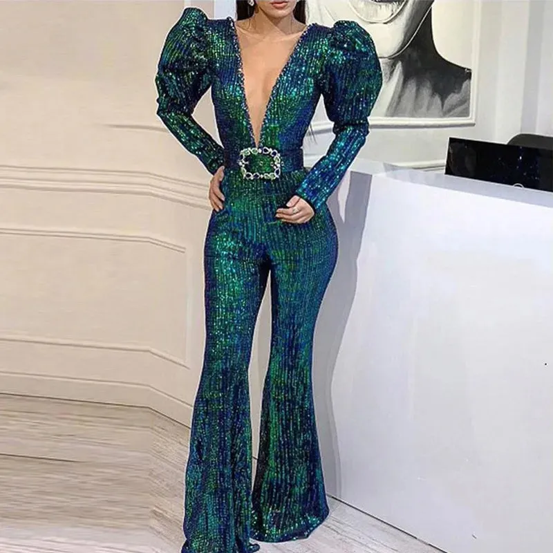 Purpdrank - Sexy Deep V-neck Puff Sleeve Party Jumpsuit Fashion Bright Silk High Waist Flared Pant Romper Chic Belt Slim Women Club Playsuit