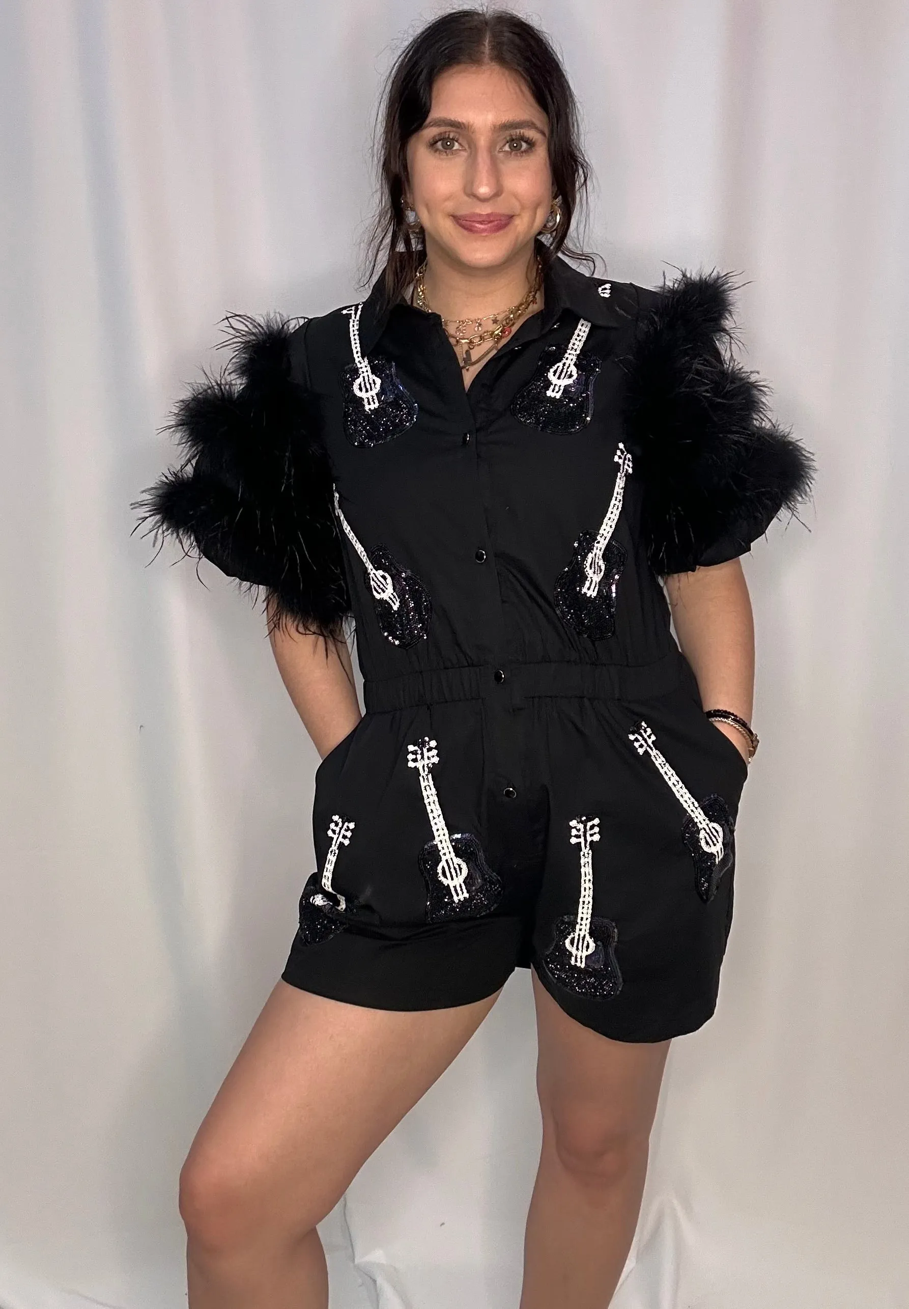 Queen Of Sparkles Black Guitar Feather Sleeve Romper