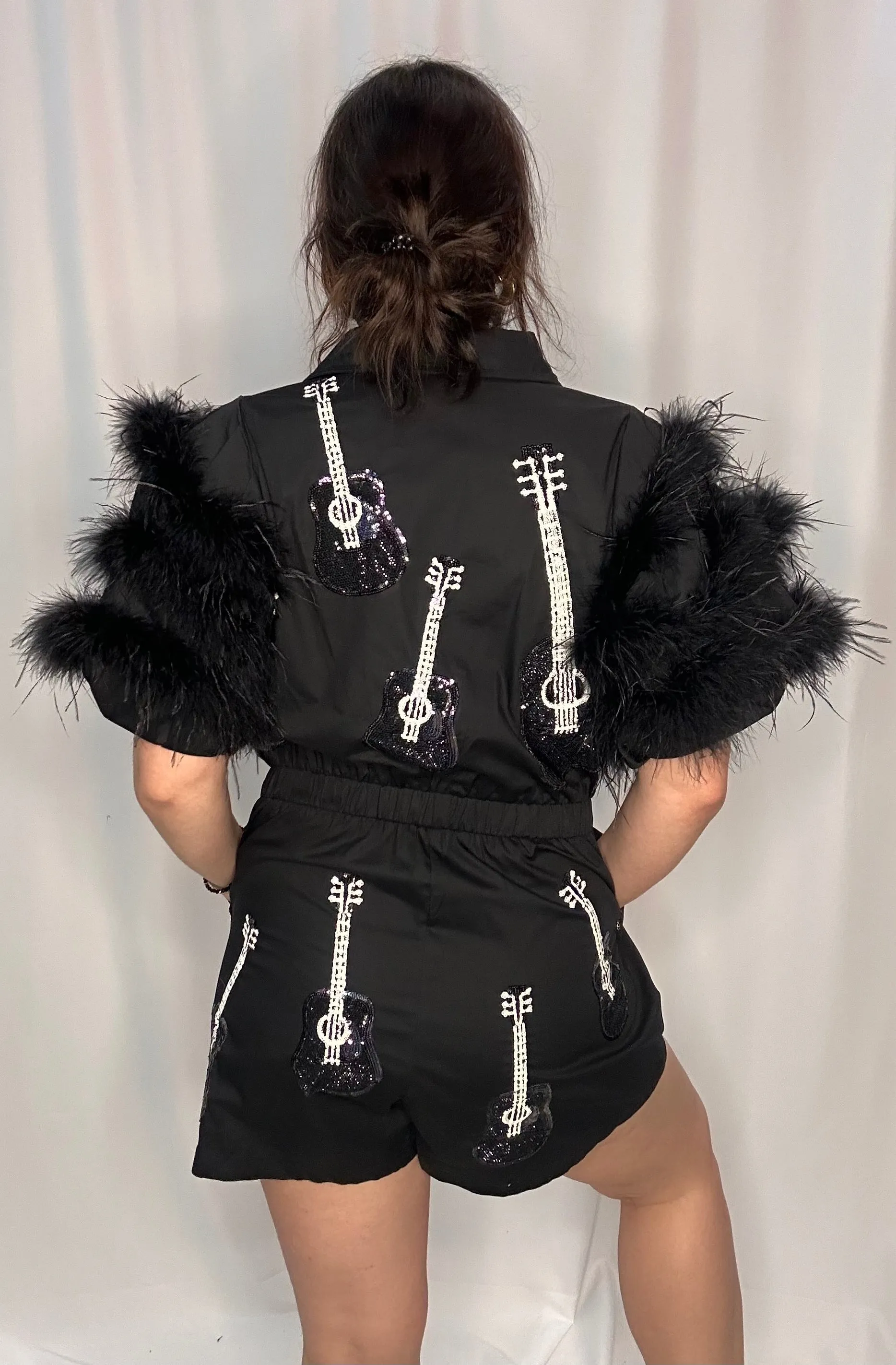 Queen Of Sparkles Black Guitar Feather Sleeve Romper