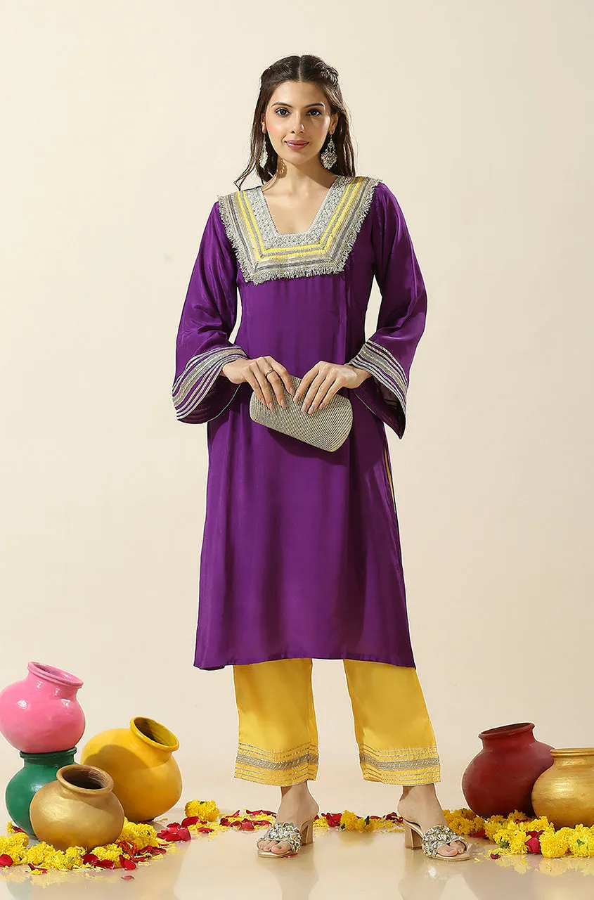 RAAS-Purple & Yellow  Glass Neckline Two Piece Set