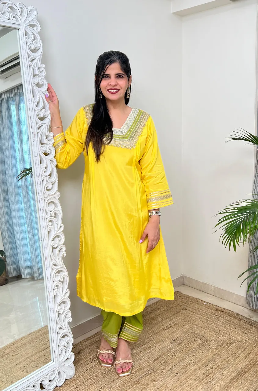 RAAS-Yellow & Green  Glass Neckline Two Piece Set