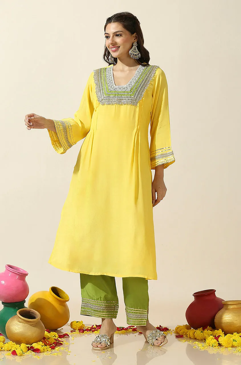 RAAS-Yellow & Green  Glass Neckline Two Piece Set