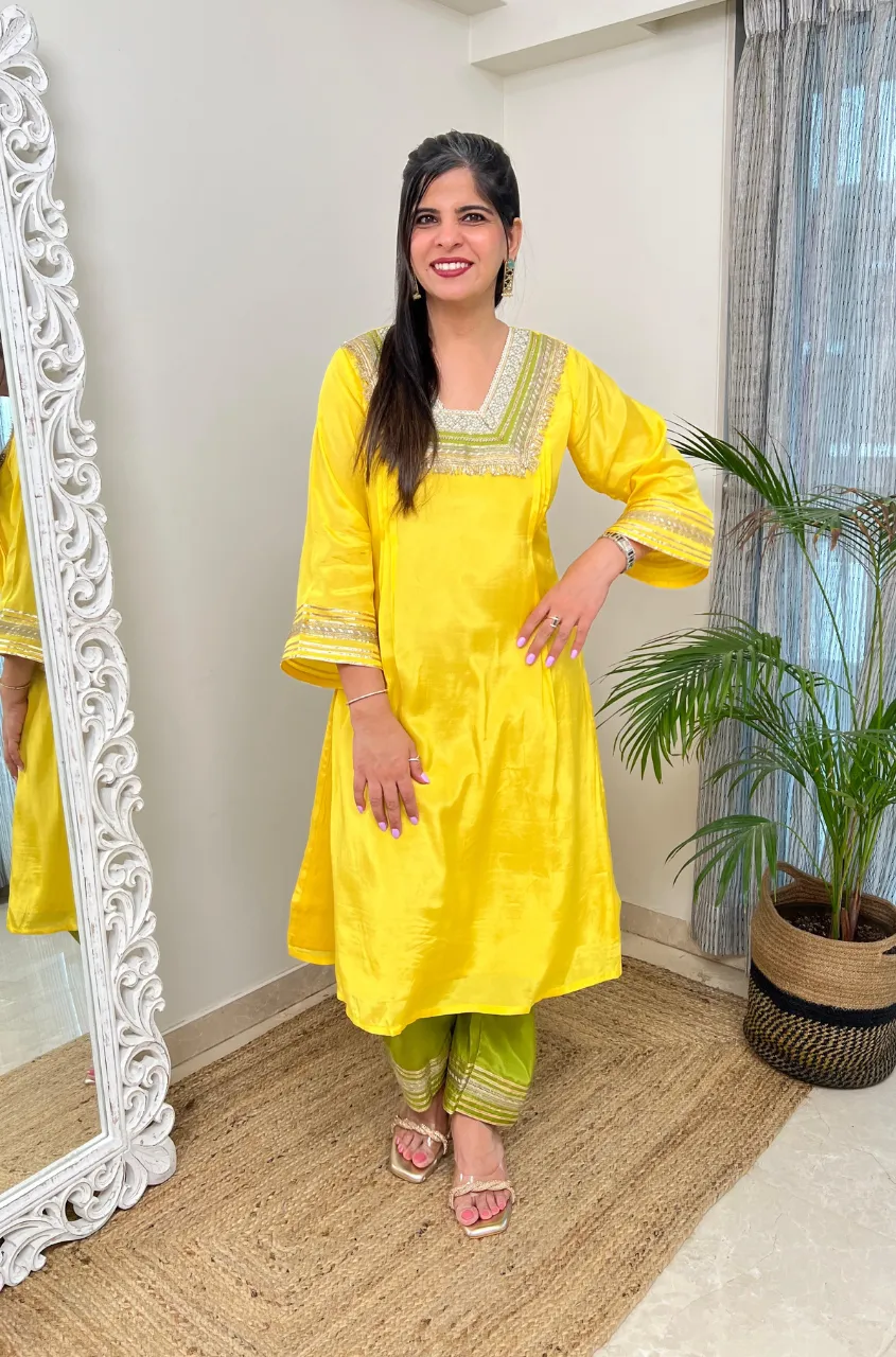 RAAS-Yellow & Green  Glass Neckline Two Piece Set