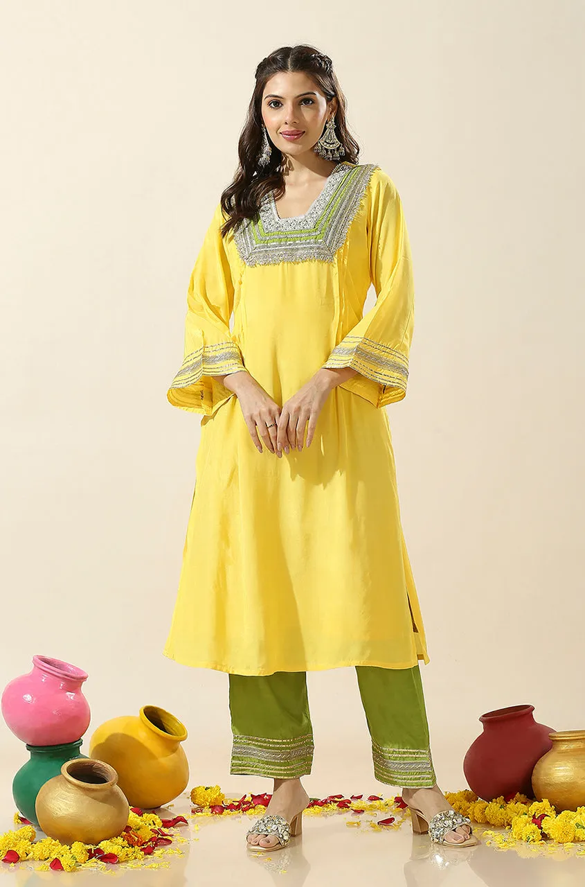 RAAS-Yellow & Green  Glass Neckline Two Piece Set