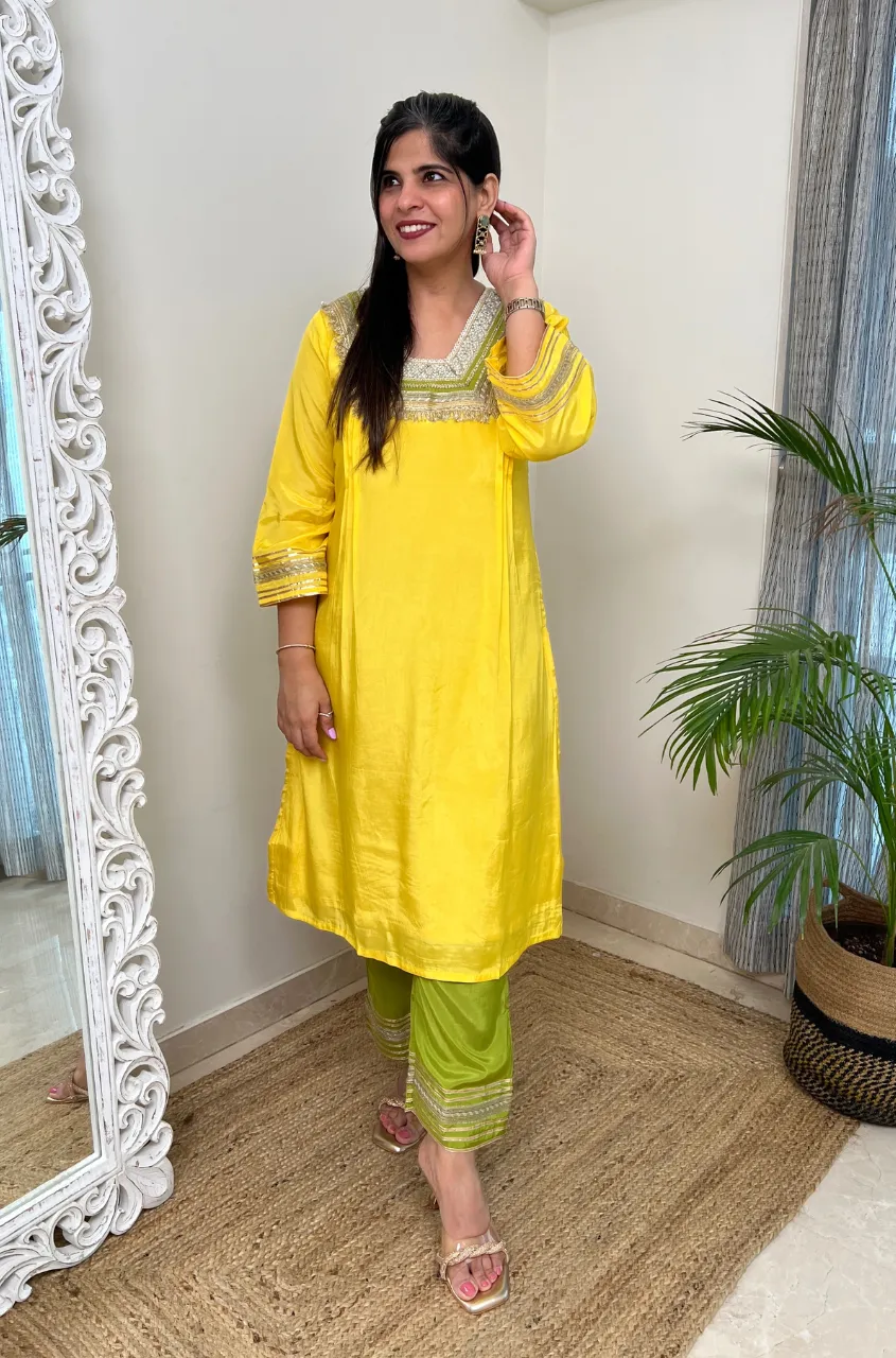 RAAS-Yellow & Green  Glass Neckline Two Piece Set