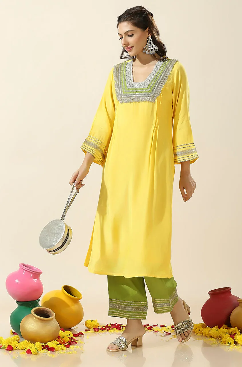 RAAS-Yellow & Green  Glass Neckline Two Piece Set