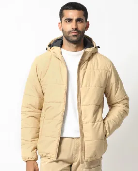 Rare Rabbit Men's Vasto Beige Branded And Hooded Puffer Jacket