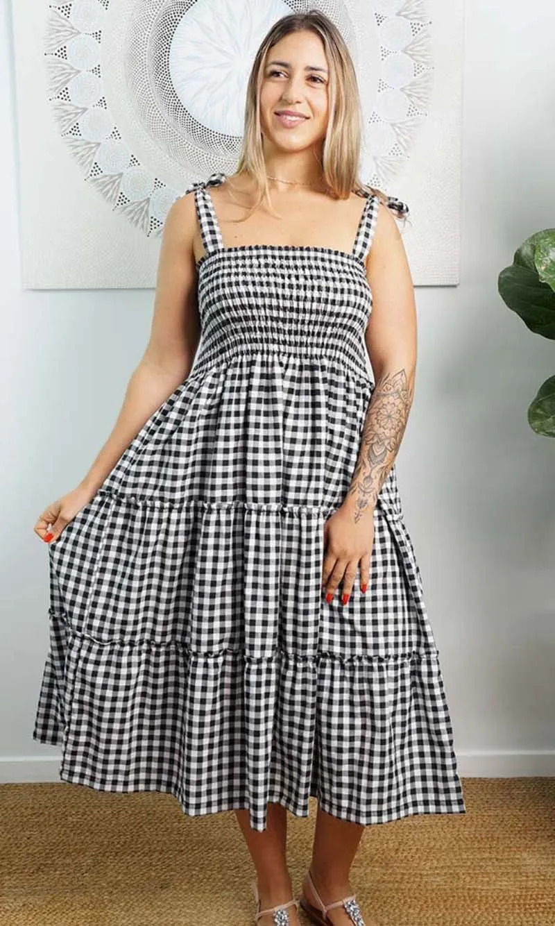 Rayon 3/4 Tie Up Smock Dress Gingham, More Colours