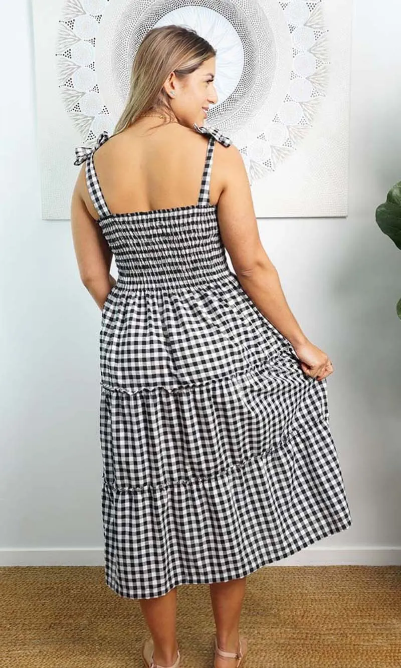 Rayon 3/4 Tie Up Smock Dress Gingham, More Colours