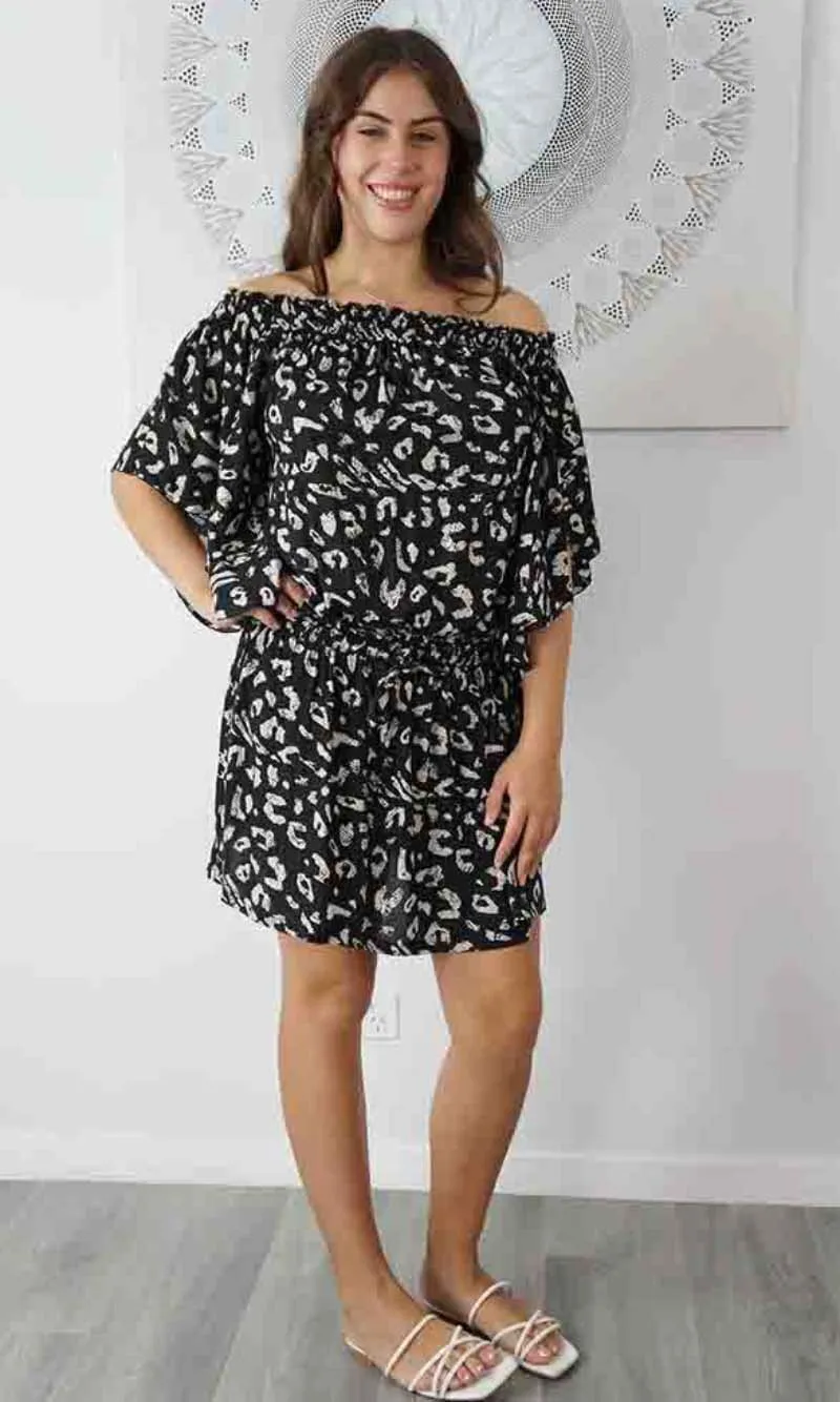 Rayon Dress Short Wing Snake Black