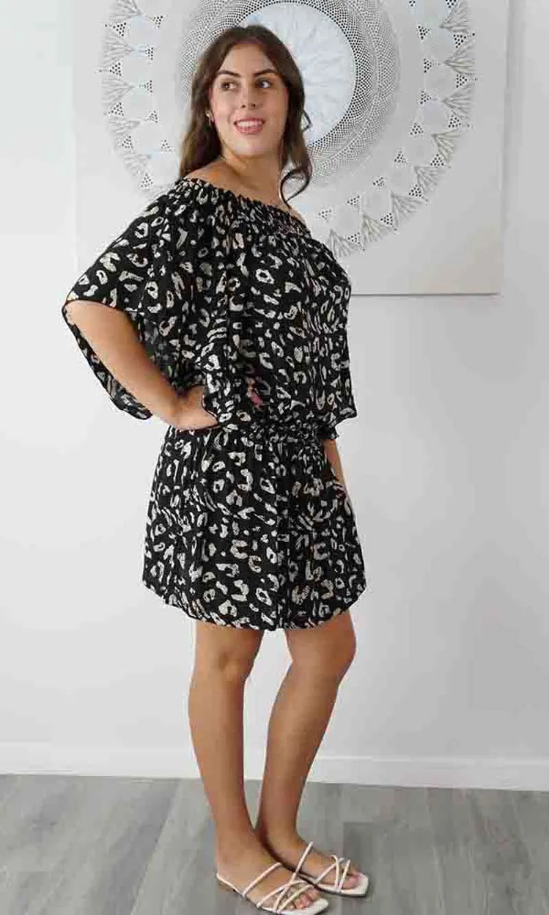 Rayon Dress Short Wing Snake Black