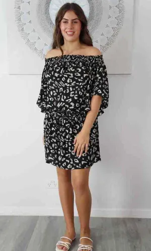 Rayon Dress Short Wing Snake Black