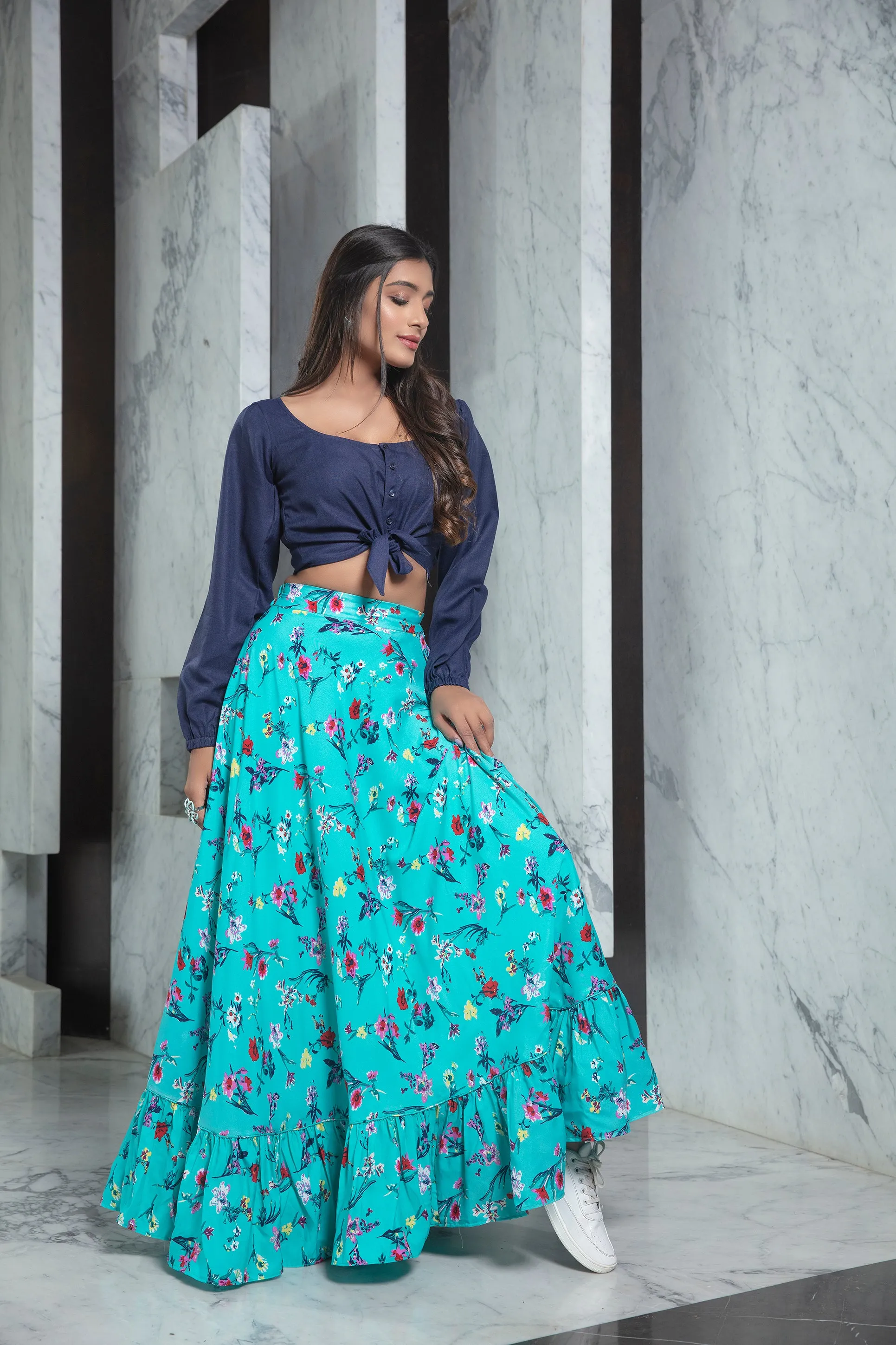 Readymade Blue Printed Crepe Indo Western Skirt With Shirt Crop-Top