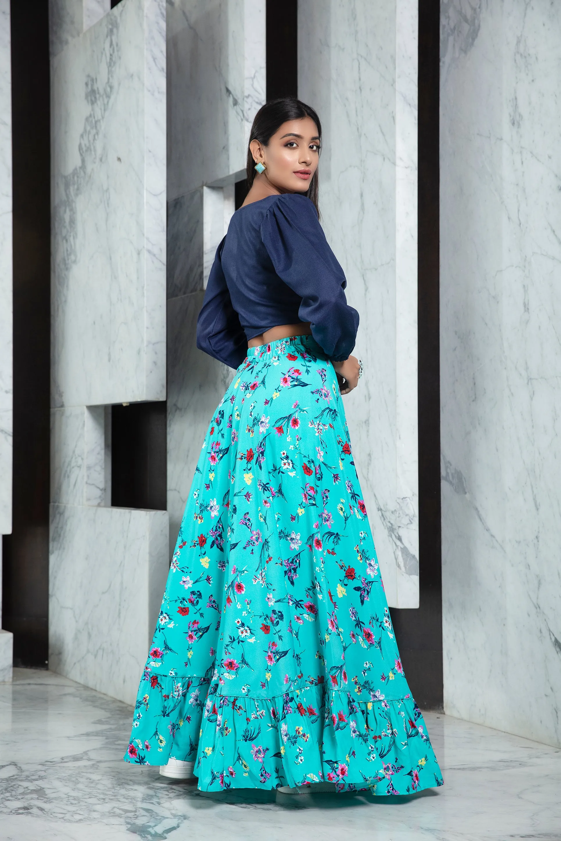 Readymade Blue Printed Crepe Indo Western Skirt With Shirt Crop-Top