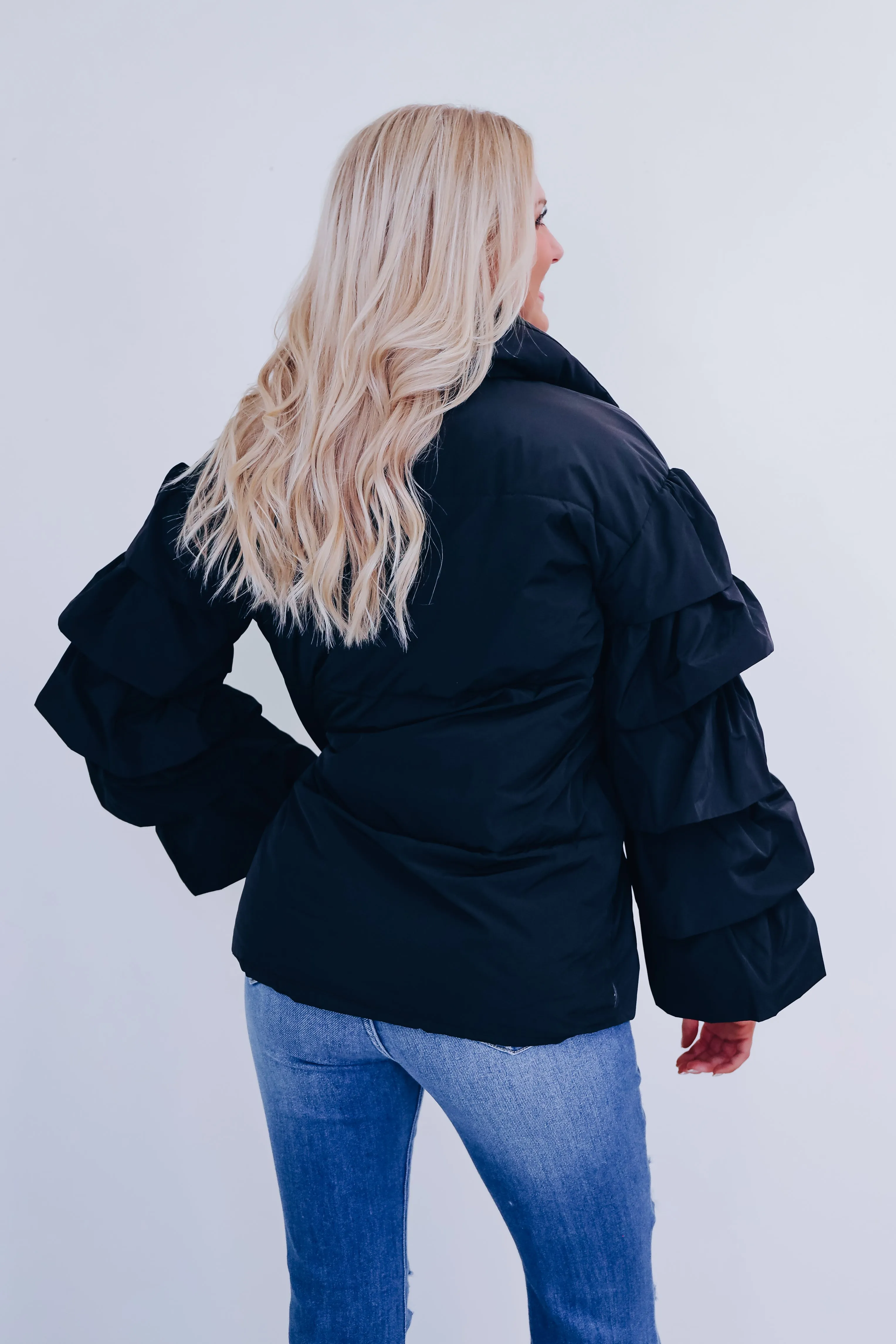 Royal Ruffle Sleeve Puffer Jacket - Black