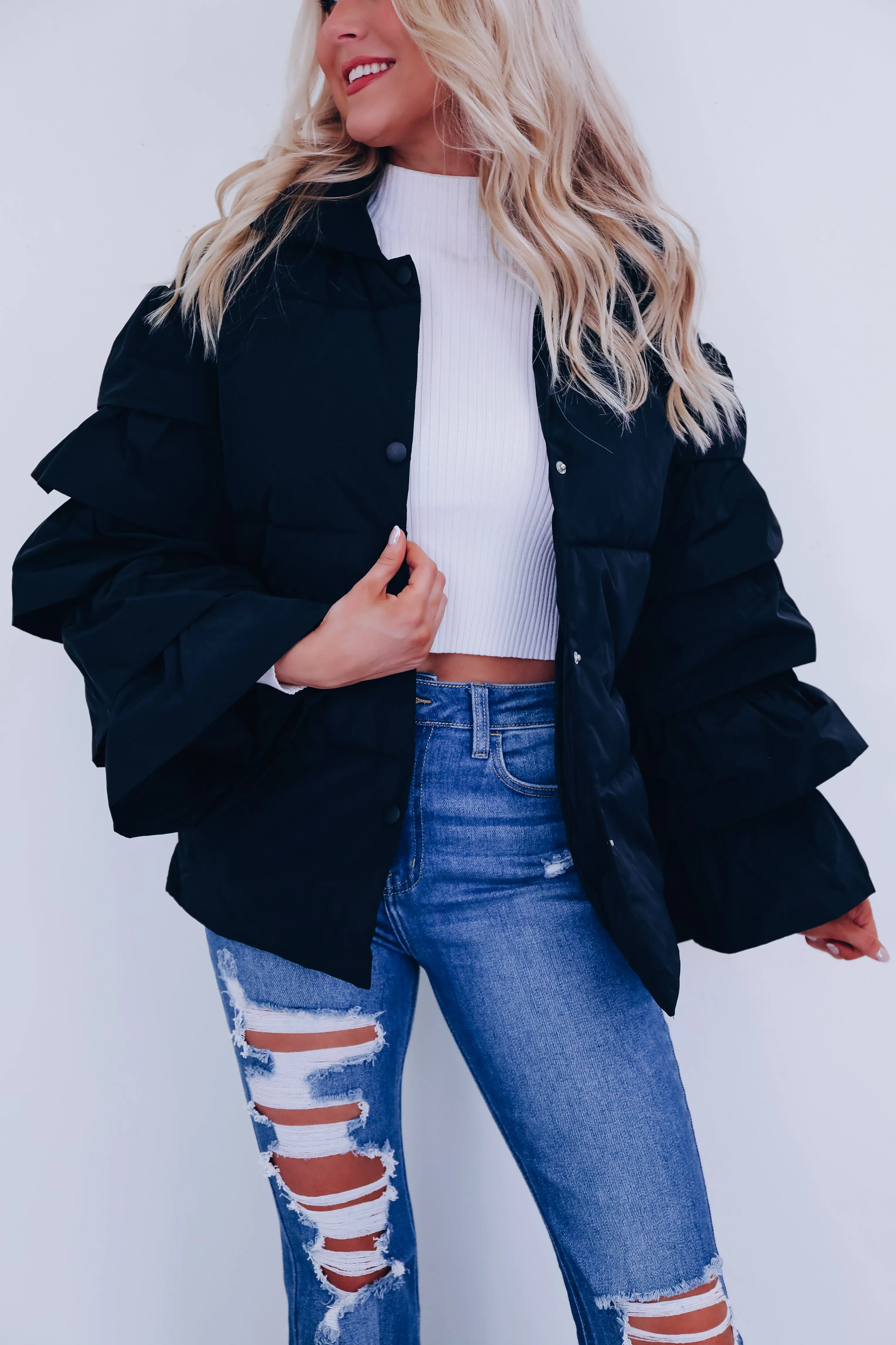 Royal Ruffle Sleeve Puffer Jacket - Black