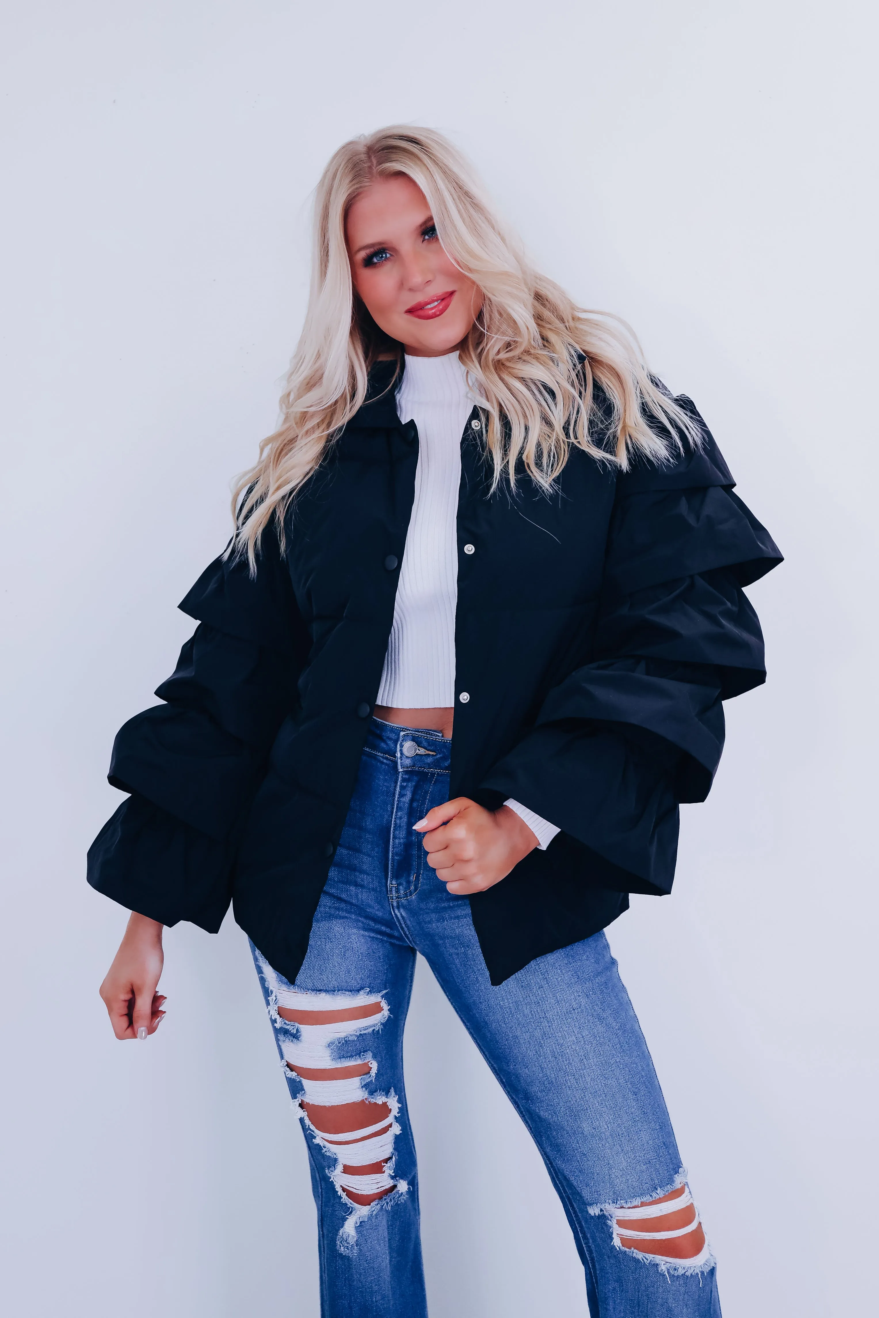 Royal Ruffle Sleeve Puffer Jacket - Black