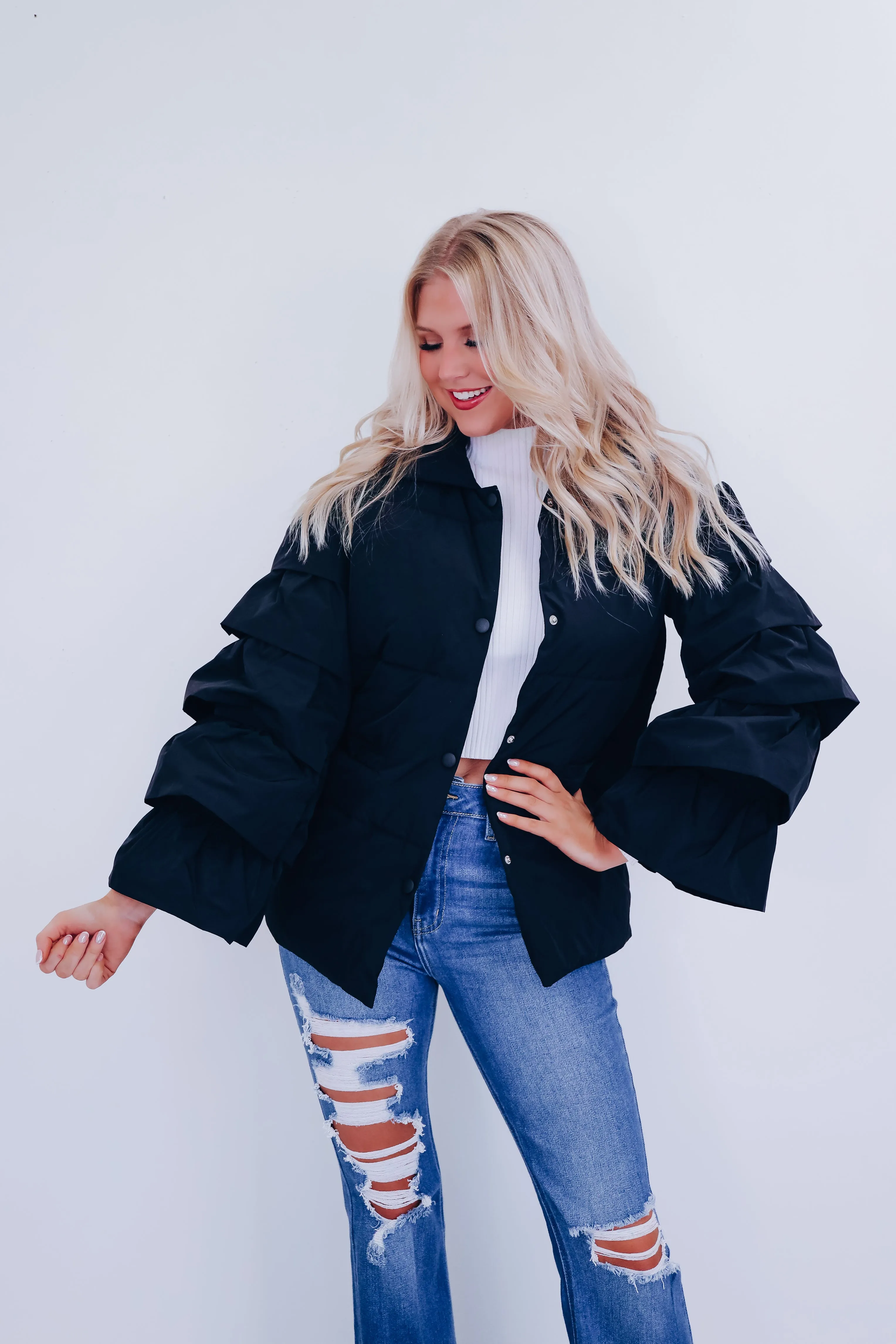 Royal Ruffle Sleeve Puffer Jacket - Black