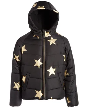 S Rothschild & Co Big Girls Gold Star Foil-Print Hooded Puffer Coat - Black