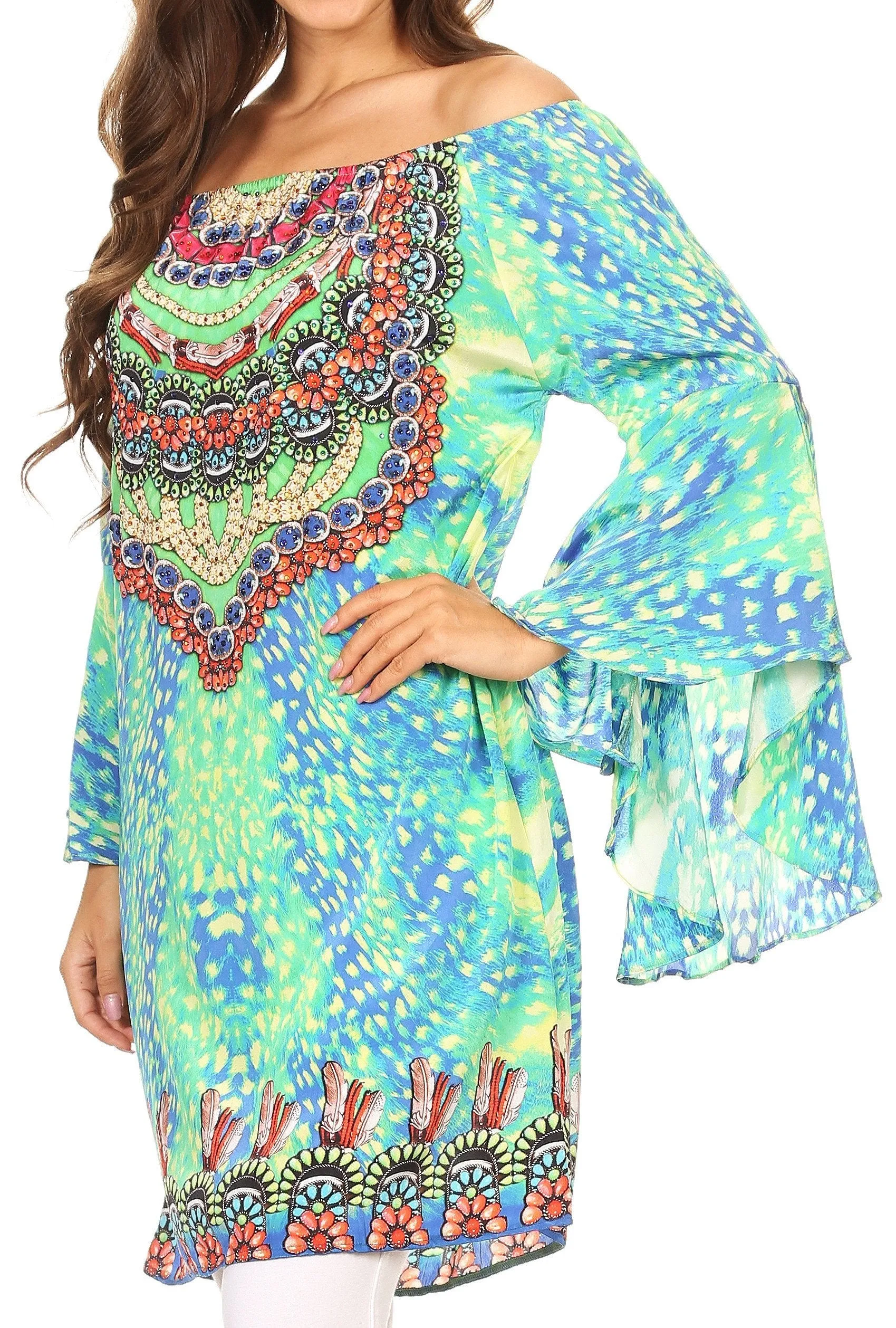 Sakkas Mosi Colorful Shift Dress Tunic with Bell Ruffled Sleeves & Rhinestones