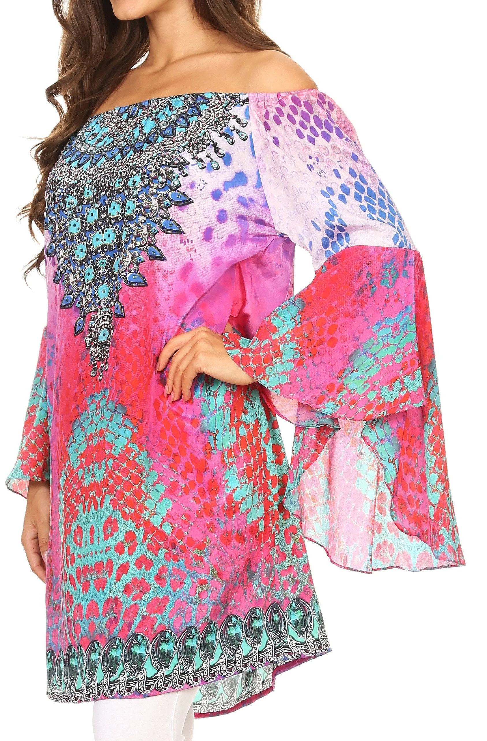 Sakkas Mosi Colorful Shift Dress Tunic with Bell Ruffled Sleeves & Rhinestones