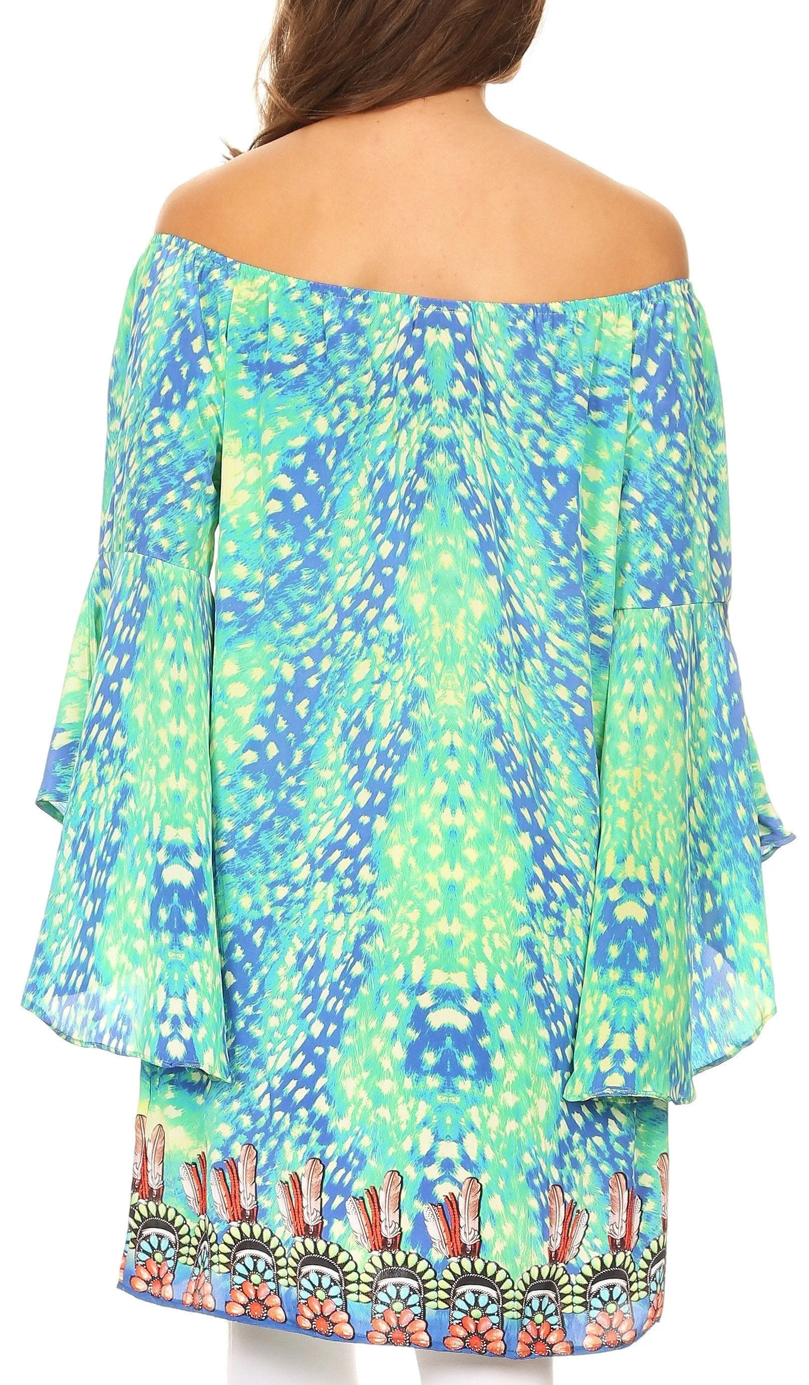 Sakkas Mosi Colorful Shift Dress Tunic with Bell Ruffled Sleeves & Rhinestones