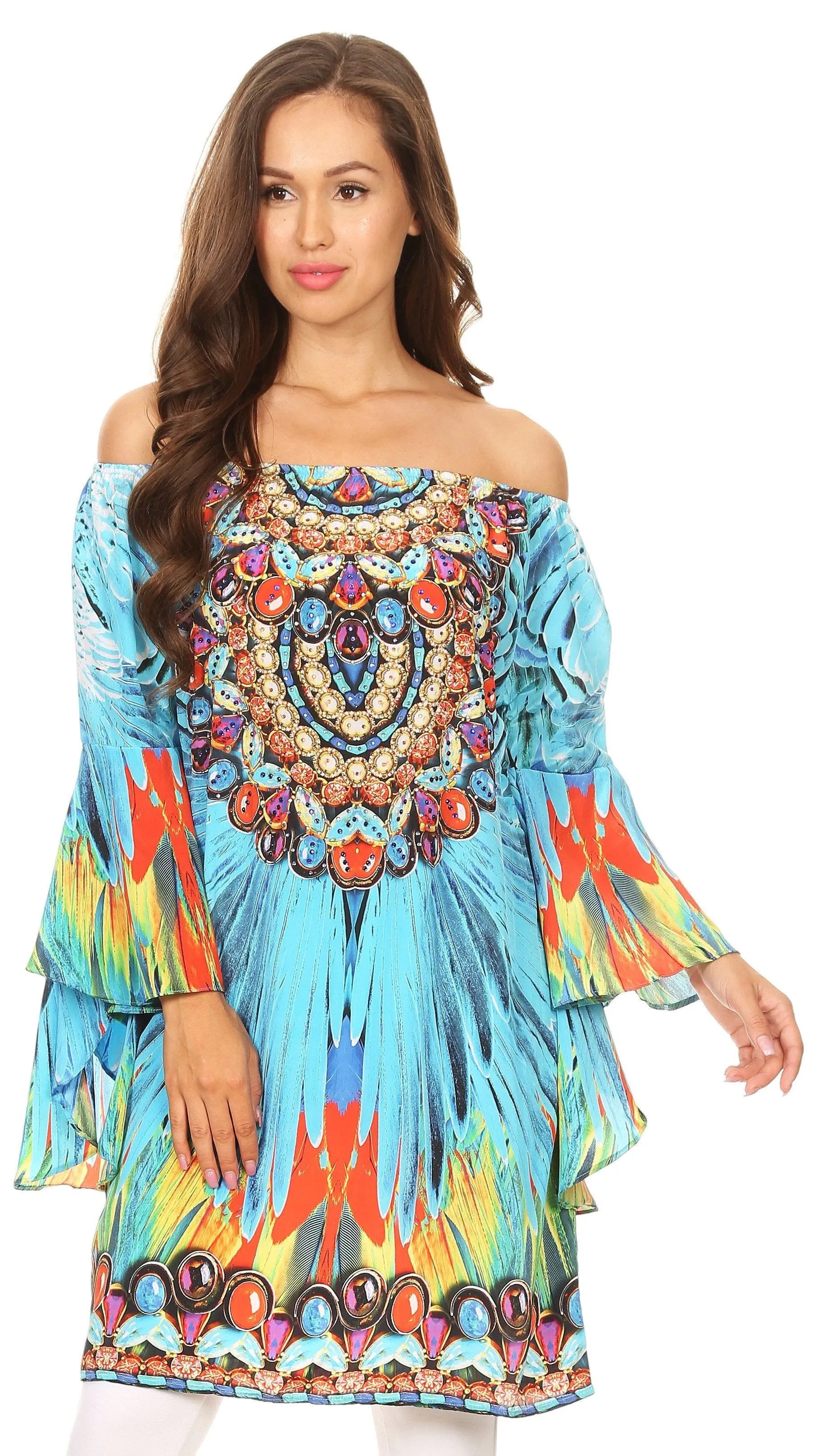 Sakkas Mosi Colorful Shift Dress Tunic with Bell Ruffled Sleeves & Rhinestones