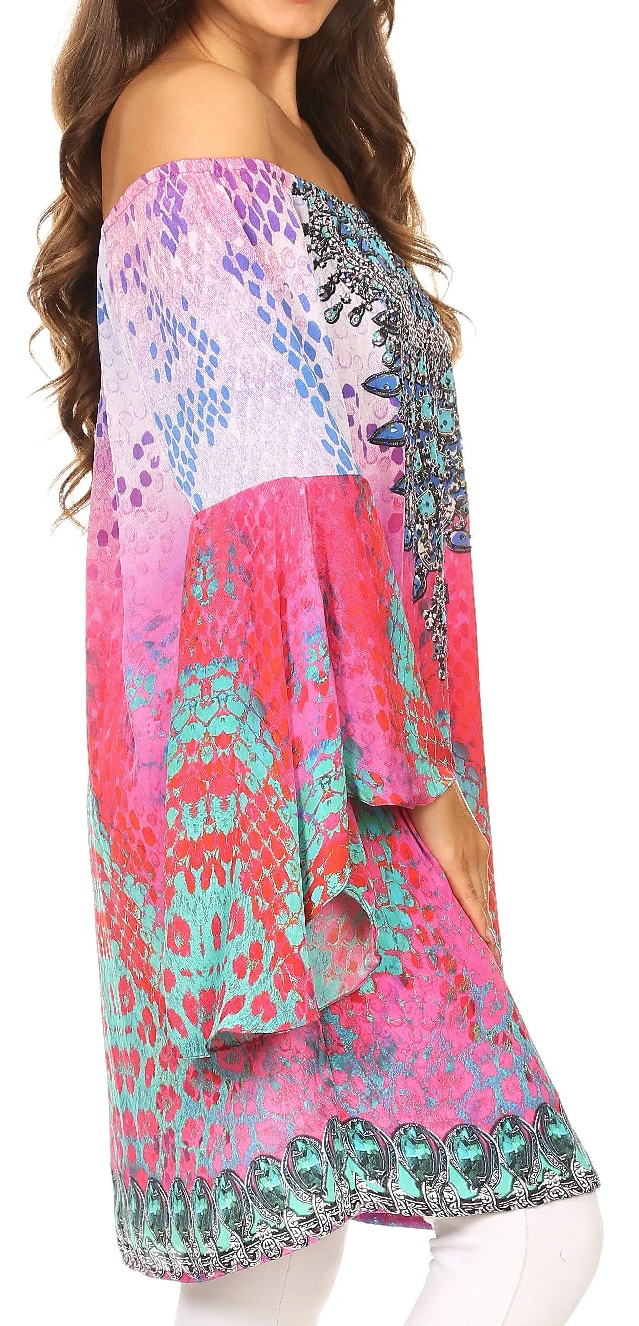 Sakkas Mosi Colorful Shift Dress Tunic with Bell Ruffled Sleeves & Rhinestones