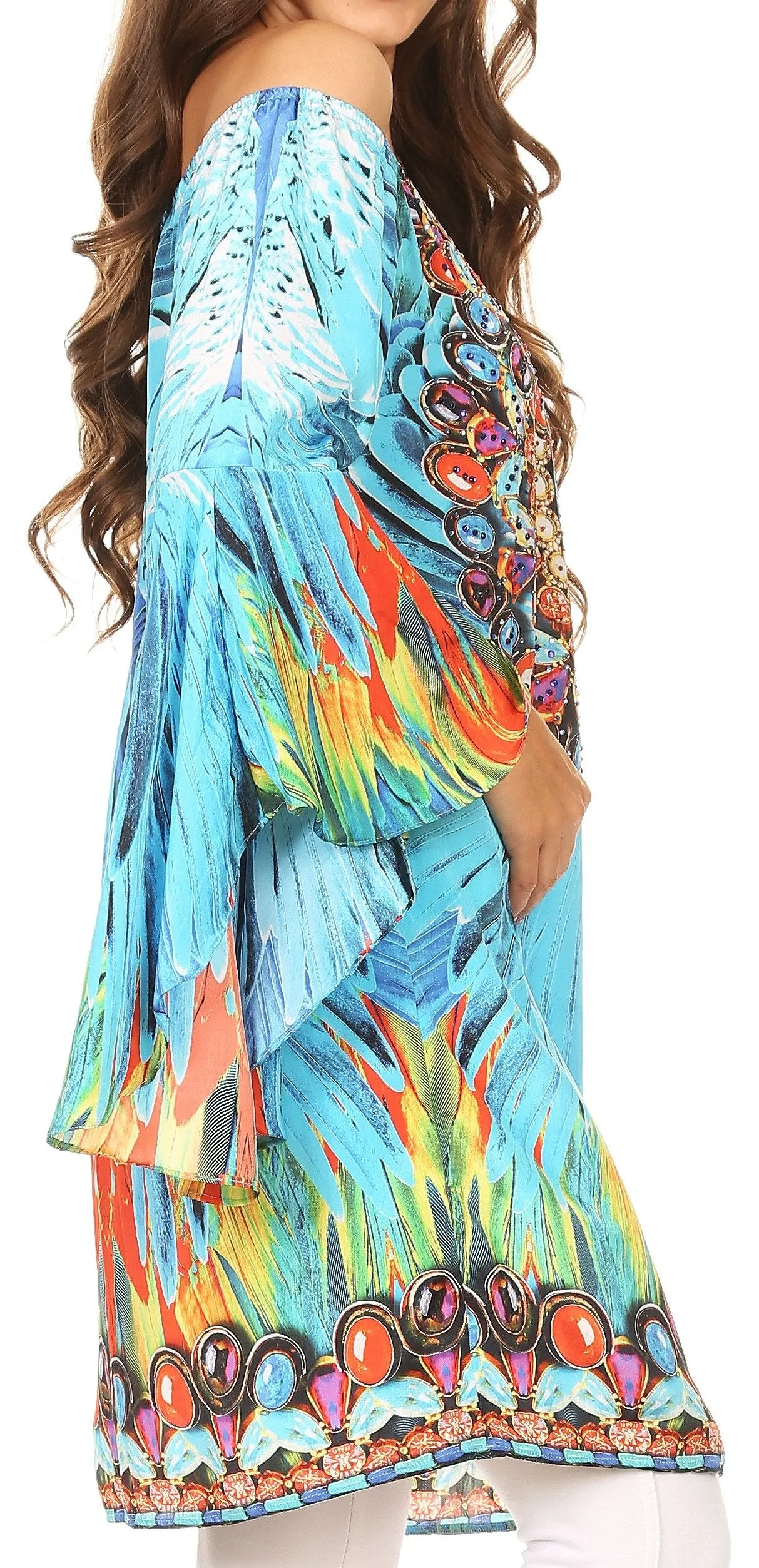 Sakkas Mosi Colorful Shift Dress Tunic with Bell Ruffled Sleeves & Rhinestones