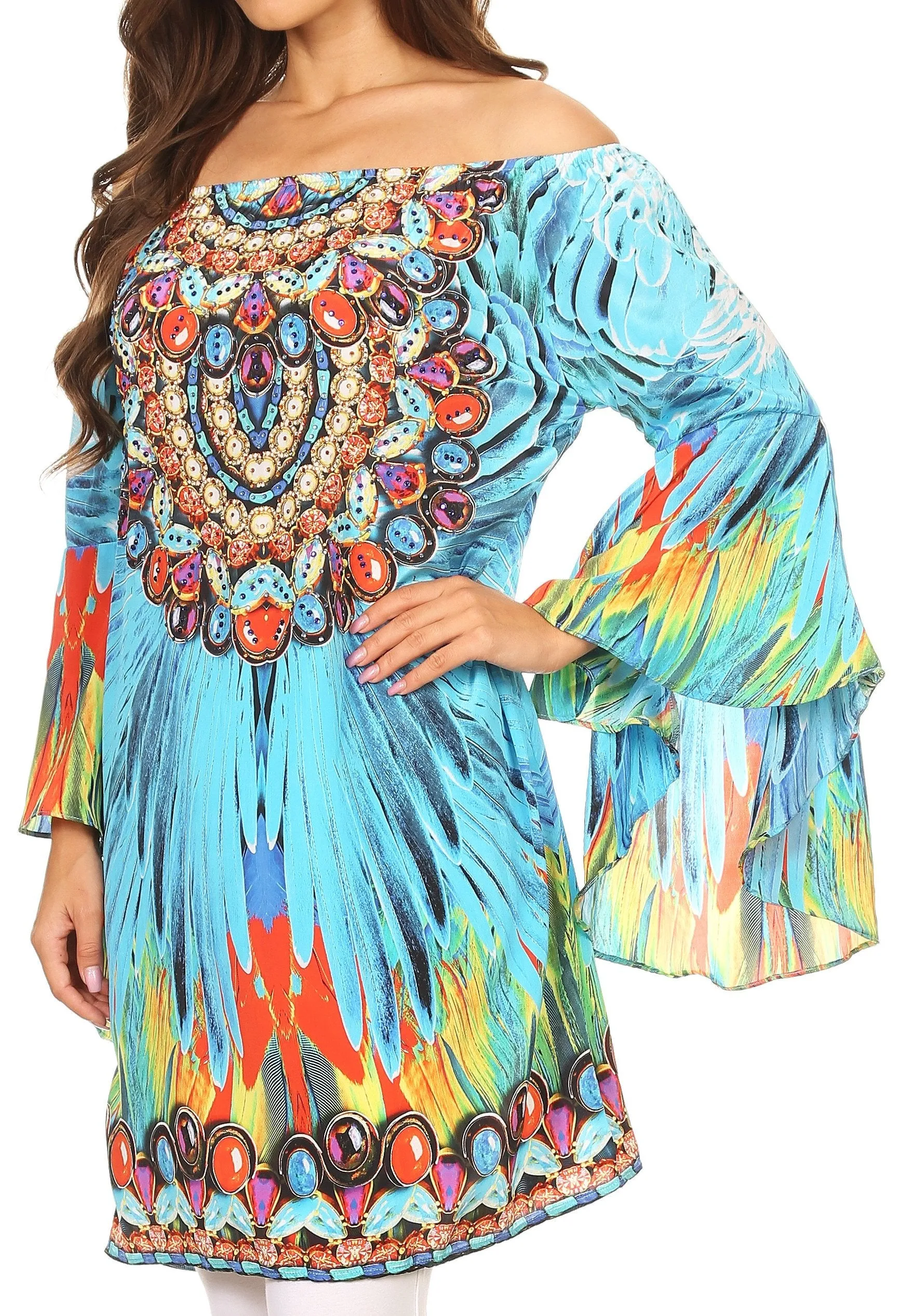 Sakkas Mosi Colorful Shift Dress Tunic with Bell Ruffled Sleeves & Rhinestones