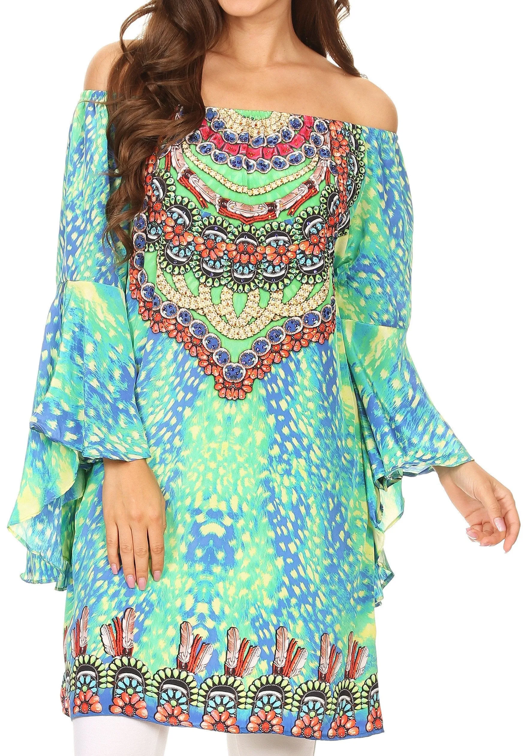 Sakkas Mosi Colorful Shift Dress Tunic with Bell Ruffled Sleeves & Rhinestones