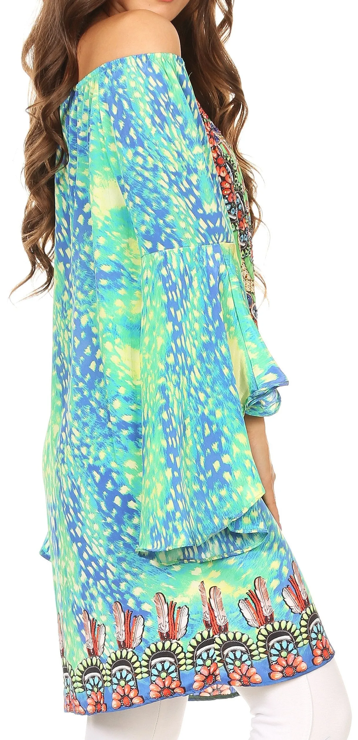 Sakkas Mosi Colorful Shift Dress Tunic with Bell Ruffled Sleeves & Rhinestones