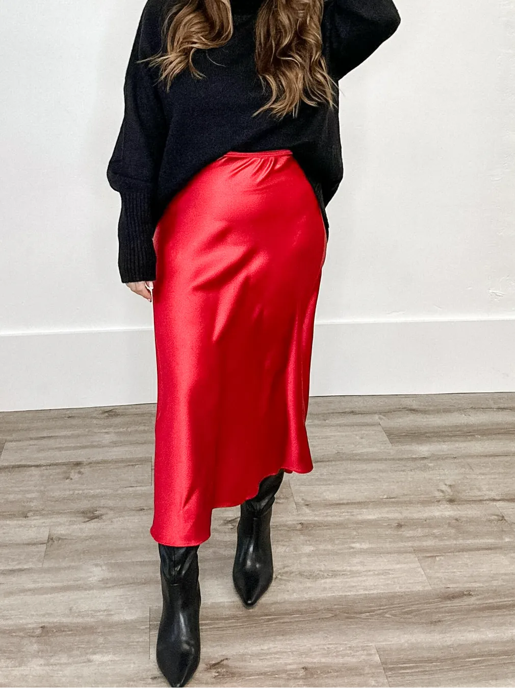 Satin Midi Skirt - Red