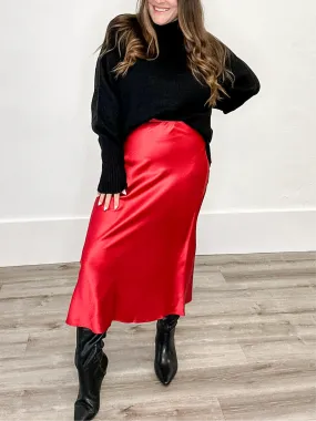 Satin Midi Skirt - Red