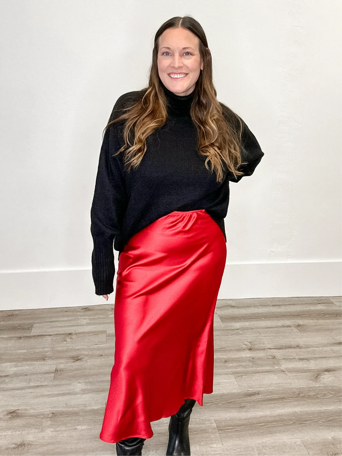 Satin Midi Skirt - Red