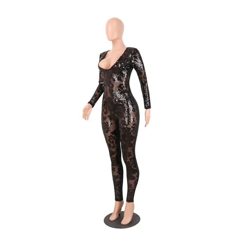 See-Through Black Sequin Women Jumpsuit