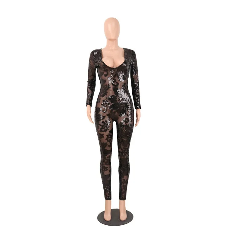 See-Through Black Sequin Women Jumpsuit