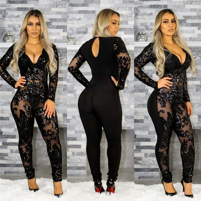 See-Through Black Sequin Women Jumpsuit