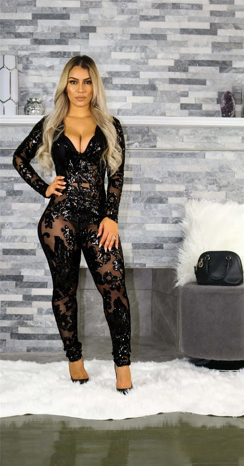 See-Through Black Sequin Women Jumpsuit